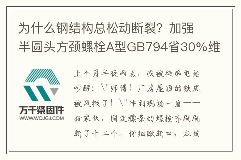 為什么鋼結構總松動斷裂?加強半圓頭方頸螺栓A型GB794省30%維修費